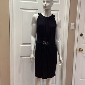 St. John Black Midi Dress with Embellished Detail At Waist